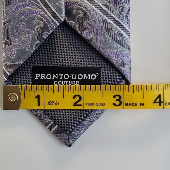 PRONTO UOMO COUTURE PURPLE GRAY SILK PAISLEY EXTRA LONG TIE 3.25 BY 63"  LONG - Picture 7 of 9